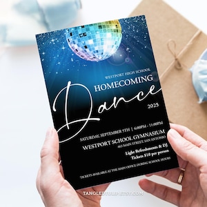 Editable Homecoming Dance Invitation Flyer, Homecoming Dance Invite, Disco Ball, Glitter Ball High School Dance HOC1