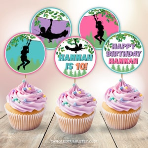 Editable Zipline Birthday Cupcake Toppers Girl Ziplining Outdoor Adventure Party Cake Topper Digital Download PRINTABLE Corjl GZ2