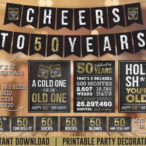 50th Birthday Party Decorations for Men, PRINTABLE Cheers to 50 Years Whiskey Theme Birthday Decorations Pack, Instant Download WG50