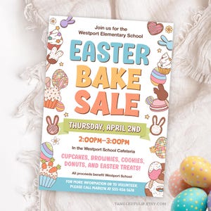 Puede incluir: Un folleto de venta de repostería de Pascua con colores pastel e ilustraciones temáticas de Pascua. El folleto incluye el texto "EASTER BAKE SALE" y detalles sobre el evento, como la fecha, la hora y el lugar.