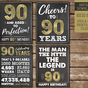 90th Birthday Signs for Men, PRINTABLE Cheers to 90 Years, Happy 90th Birthday, Gold 90th Birthday Party Signs, Instant Download G90