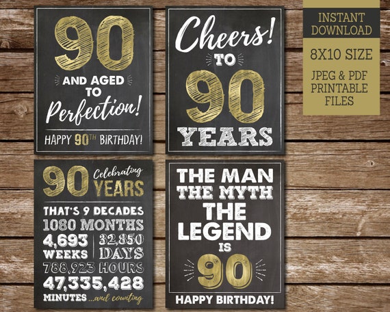 90th Birthday Signs for Men, PRINTABLE Cheers to 90 Years, Happy 90th Birthday, Gold 90th Birthday Party Signs, Instant Download Il_570xn