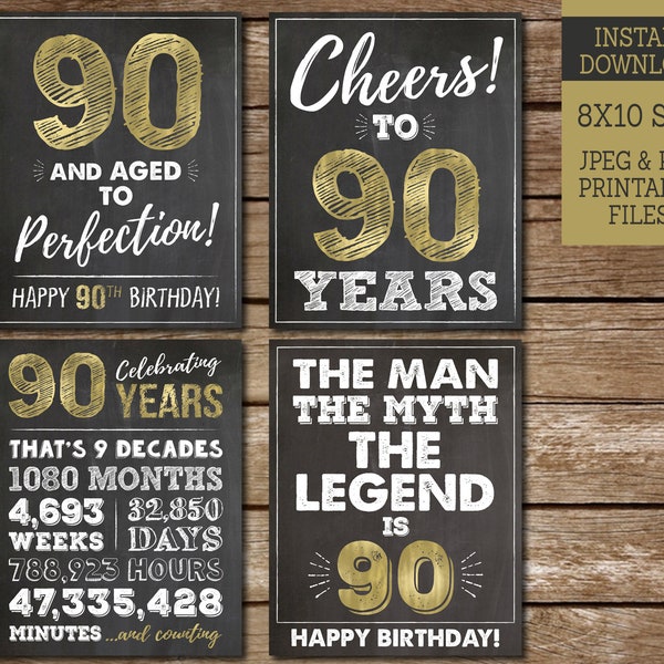 Segni di 90° compleanno per uomini, Saluti stampabili a 90 anni, Buon 90° compleanno, Segni di festa di 90° compleanno d'oro, Download istantaneo G90