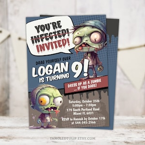 Zombie Birthday Invitation, You&#39;re Infected Zombies Editable Party Invite, Instant Download Zombie Invitation, Edit in Corjl
