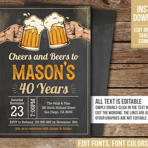 Editable Cheers and Beers to 40 Years Birthday Invitation Vintage Beer Party Invite Any Age Man Digital Download PRINTABLE Corjl BV40 image 3