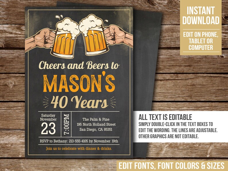 Editable Cheers and Beers to 40 Years Birthday Invitation Vintage Beer Party Invite Any Age Man Digital Download PRINTABLE Corjl BV40 image 3