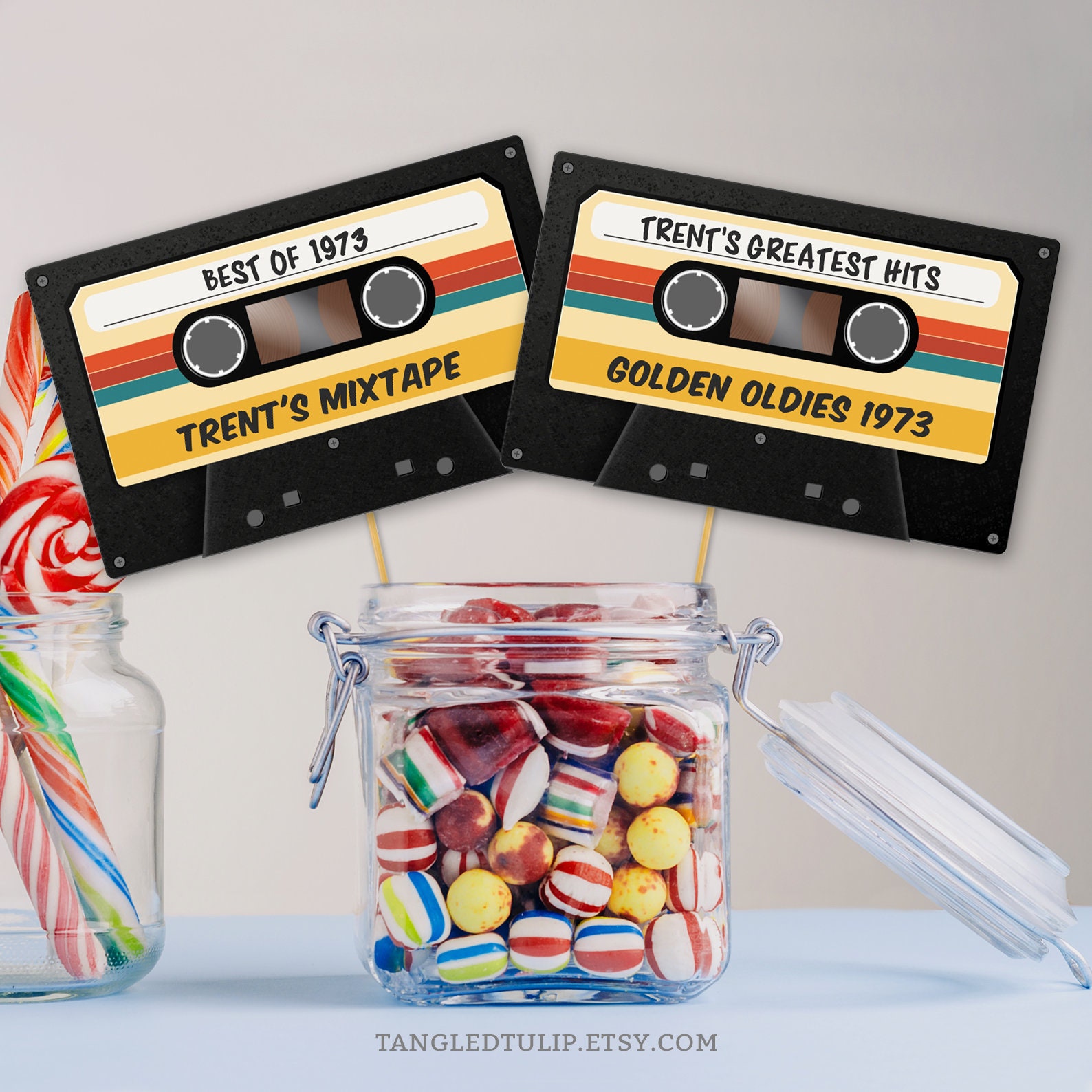 50th Birthday Centerpiece Best of 1973 Party Vintage Cassette Tape Mixtape 70s Party Decoration Editable Corjl VC1