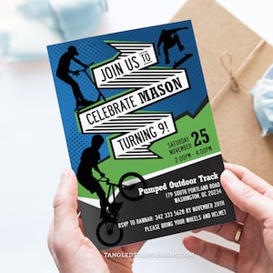 Editable Biking BMX Skater Party Invitation Boy Birthday Invite Scooter Riding Skateboard Green Instant Download PRINTABLE Corjl BS2