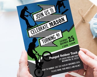 Bike Birthday Invitation | Boy BMX Bike Skateboard Scooter Birthday Party Invite | Printable Editable Template | Instant Download BS2
