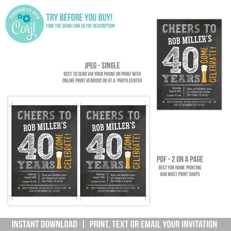 40th Birthday Invitation Man Cheers to 40 Years Birthday Invite Silver Chalkboard EDITABLE Printable Instant Download Corjl MS40 image 5