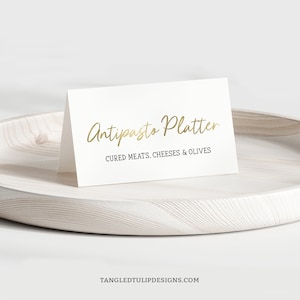 Plantillas de etiquetas de alimentos editables, tarjetas con nombres de platos de buffet, decoración de mesa imprimible, oro, aniversario, cumpleaños, Corjl A005 A003