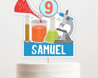Decorazione per torta di compleanno scientifica / Decorazione per torta personalizzata con nome ed età / Modello modificabile stampabile / Download immediato SCI1