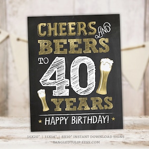 Cheers and Beers to 40 Years 40th Birthday Decoration Sign Gold Chalkboard Man Party Decor Instant Download PRINTABLE BG40