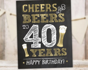 Cheers and Beers to 40 Years 40th Birthday Decoration Sign Gold Chalkboard Man Party Decor Instant Download PRINTABLE BG40
