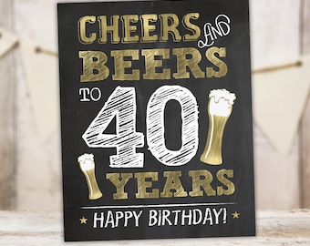 40th Birthday Sign | Cheers and Beers Beer Theme Decor | Gold Chalkboard Printable Sign | Instant Download BG40