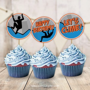 Climbing Birthday Cupcake Toppers: Boy Rock Climb Party, Blue & Orange (Printable, Digital Download) CL1