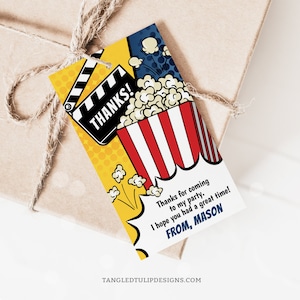 Etiquetas de agradecimento para festa de filme editáveis para meninos, etiquetas de presente de aniversário de filme, etiquetas de aniversário de pipoca e filme, download instantâneo, Corjl MO1