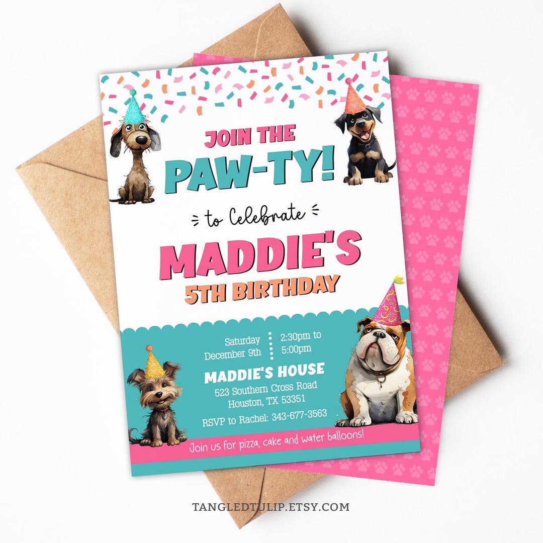 Puppy Dog Birthday Invitation for Girl: Editable Dogs and Puppies Party ...