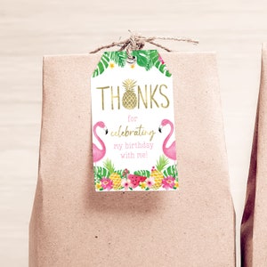 Tropical Flamingo Pineapple Birthday Favor Tags Girl Thank You Tag Gold Pink PRINTABLE Instant Download TR1