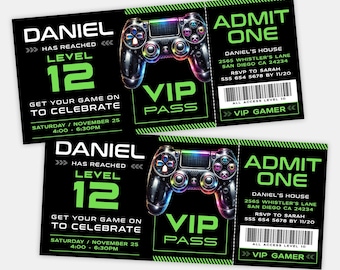 May include: Two black and green ticket invitations with a neon green gamer controller graphic. The text reads "Daniel has reached level 12, get your game on to celebrate, Saturday, November 25, 4:00 - 6:30 PM, VIP Pass, Admit One, Daniel's House, 2565 Whistler's Lane, San Diego CA 24234, RSVP to Sarah, 555 654 5678 by 11/20, All Access Level 10, VIP Gamer".