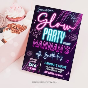 Editable Glow Party Invitation Neon Glow Birthday Invite Girl Pink Teen Tween Instant Download PRINTABLE Corjl GLO1