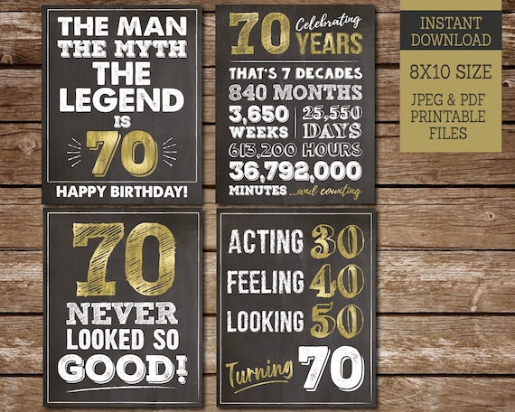 70th Birthday Sign Pack, 70th Birthday PRINTABLE Signs, 70 Never Looked So Good, Chalkboard and Gold Birthday Party Signs, Instant Download Il_570xn
