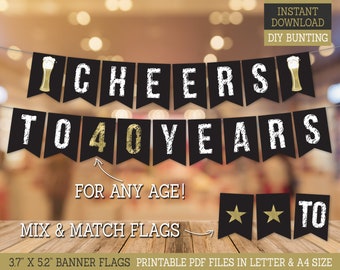 Cheers to 40 Birthday Banner | Gold Beer 40th Birthday Decor | Printable Party Banner | Instant Download BG40