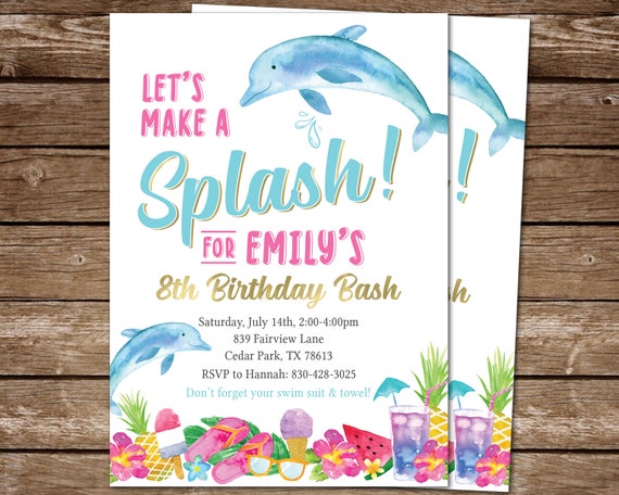 Dolphin Party Invitation for Girls, Make a Splash Party Invite, Dolphins Party Theme, Summer Swimming Digital PRINTABLE Invite Il_570xn