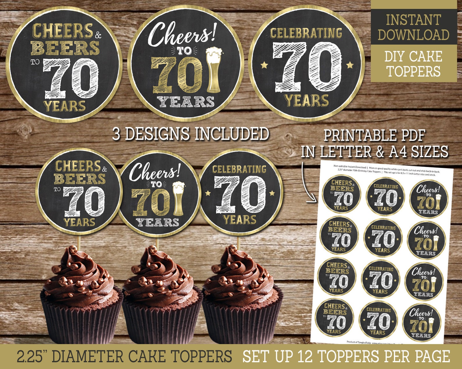70th Birthday Cupcake Toppers PRINTABLE Cupcake Toppers for Etsy