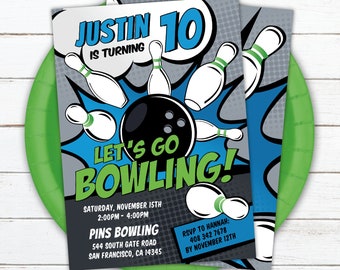 Bowling Birthday Invitation | Boy Comic Style Bowling Birthday Party Invite | Printable Editable Template | Instant Download BB1
