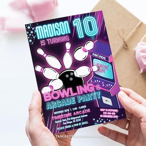 Bowling and Arcade Birthday Invitation, Editable Bowling & Arcade Gaming Party Invite, Girl, Neon Glow, Digital Invite, Corjl ARC2 GB1