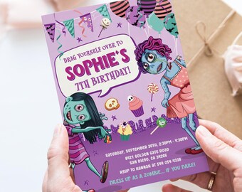 Invitación de cumpleaños de zombies / Invitación de cumpleaños de chicas zombies / Plantilla imprimible y editable / Descarga instantánea ZOM1