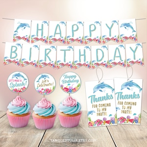Dolphin Birthday Party Decorations Girl Dolphins Banner Cupcake Toppers Favor Tags PRINTABLE Instant Download DO1