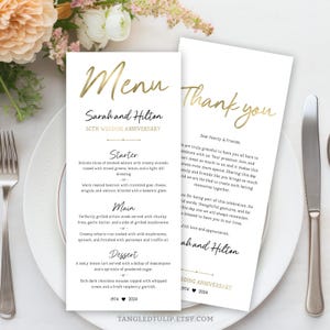 Anniversary Dinner Menu | 50th Anniversary Gold Menu and Thank You Card | Printable Editable Template | Instant Download A005