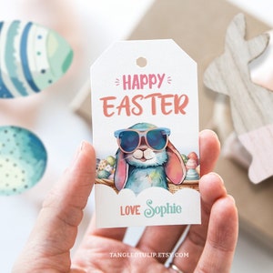 Bearbeitbare Frohe Ostern Tags, Hase mit Sonnenbrille, Osterkorb, Druckbare Ostermarke, Sofort Download Corjl EAS1