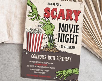 May include: A vintage-style invitation for a "Scary Movie Night" to celebrate Connor's 10th birthday. The design features zombie hands, a popcorn bucket, and the event details. The invitation is in shades of brown, red, and green.