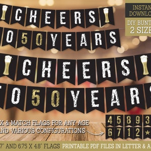 Cheers to 50 Years Birthday Banner, 50th Birthday Banner, Any Age, Black Gold & White Banner, Printable Banner INSTANT DOWNLOAD