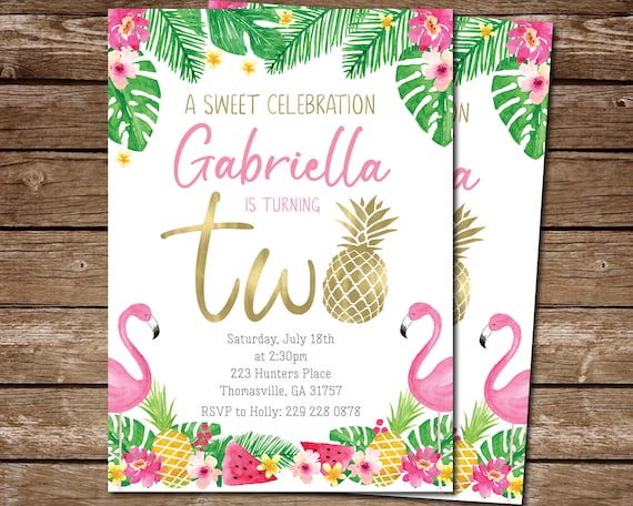 Pineapple 2nd Birthday Invitation, Tropical Luau Birthday Party, Flamingos Second Birthday Invite, Turning 2 Digital Printable Invite Il_570xn
