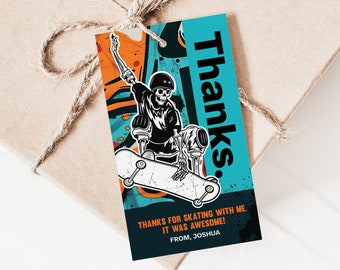 Skateboarding Party Tag Template for boys Skater Birthday. Editable Skeleton Skater Graffiti Favor Tags. Digital Download Corjl SS1