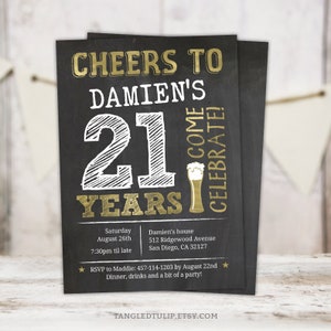 Invitation modifiable pour 21 ans, Bravo à 21 ans, invitez des bières, tableau noir homme doré, téléchargement immédiat, Corjl GB21 imprimable