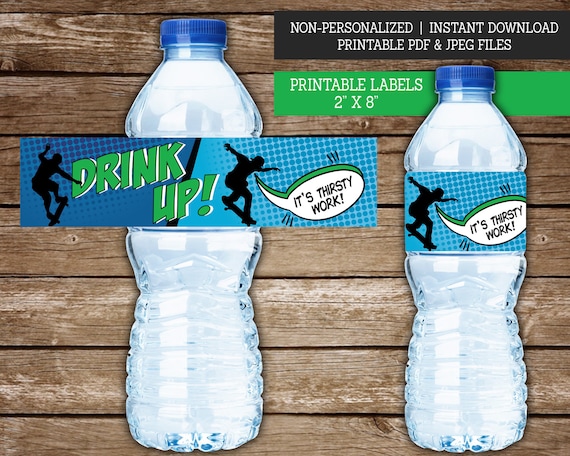 Skateboarding PRINTABLE Water Bottle Labels, Skater Birthday Party Decor, INSTANT Download, 8 x 2" Labels Il_570xn