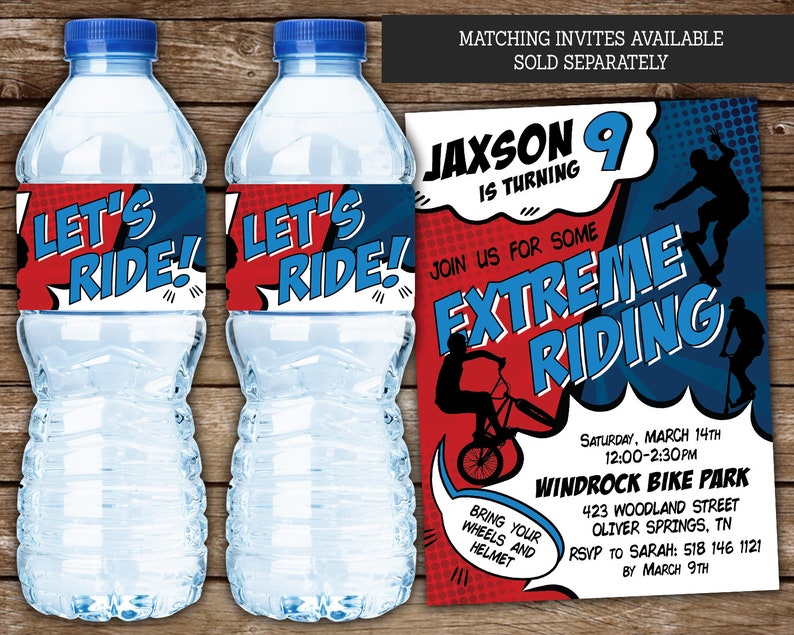 Water Bottle Labels for Biker Skater Scooter Party, PRINTABLE Bottle Labels for Extreme Riding Party, Boys Birthday Party Decor BS1 image 3