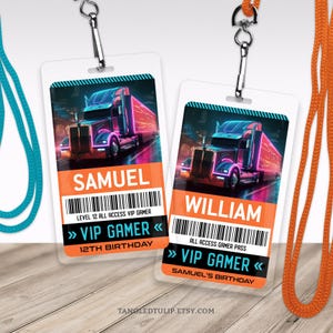 Pass VIP per giocatori di compleanno modificabile per camion di gioco: modello di badge identificativo con cordino per festa di gioco GA1