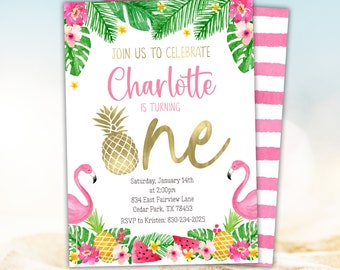 May include: A pink and gold tropical-themed first birthday party invitation for a girl named Charlotte. The invitation features a pineapple, flamingos, and tropical flowers. The text reads "Join us to celebrate Charlotte is turning one. Saturday, January 14th at 2:00pm 834 East Fairview Lane Cedar Park, TX 78453 RSVP to Kristen: 830-234-2025 Tangledtulip.etsy.com"