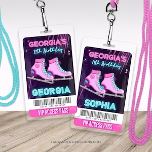 Ice Skating Party ID Badges, Ice Skate VIP Access Badge for Lanyard, Editable Party Badge, Glow, Instant Download, Corjl, ICE1