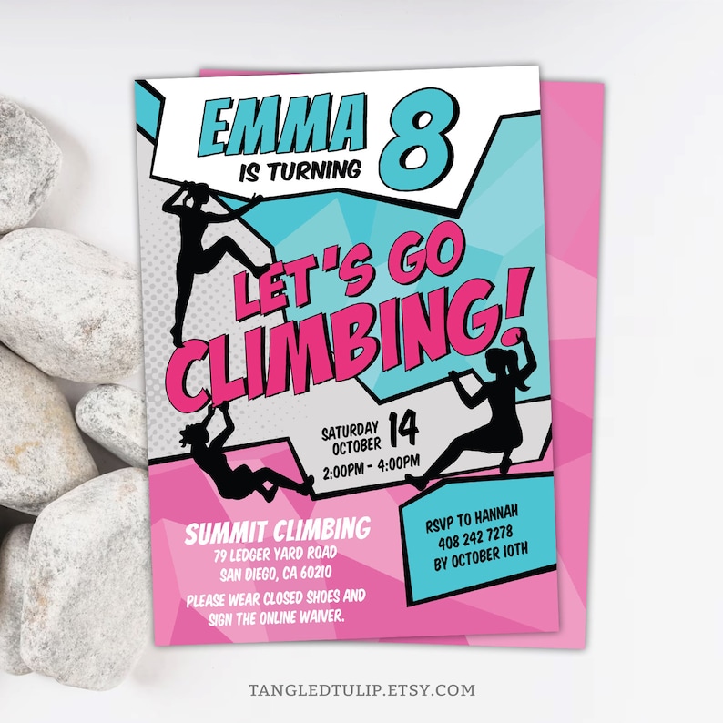 Girls Rock Climbing Birthday Invitation in Pink and Turquoise. Features silhouettes of girl climbers climbing all over the invitation. In a vibrant comic style design.