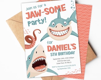 May include: A white invitation with a blue and teal shark, an octopus, and the text "Join us for a JAW-SOME Party! for DANIEL'S 5TH BIRTHDAY September 14th, 2:00-4:00pm 839 Fairview Lane Cedar Park, TX 78613 RSVP to Hannah at 555-678-5678 by September 10th TANGLEDTULIP.ETSY.COM".