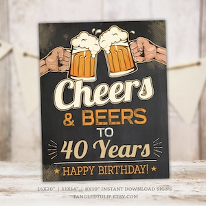Cheers and Beers to 40 Years Birthday Chalkboard Sign 40th Man Vintage Party Decorations Instant Download PRINTABLE BV40