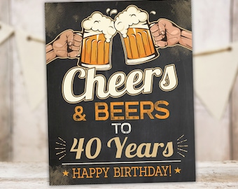 May include: A black chalkboard sign with a white border and a graphic of two hands holding up beer mugs. The text on the sign reads "Cheers & Beers to 40 Years Happy Birthday!"  The sign is available in three sizes: 16x20 inches, 11x14 inches, and 8x10 inches.