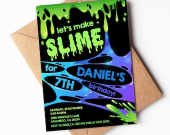 May include: Green and blue slime themed birthday invitation for a 7th birthday party. The invitation says "Let's make slime for Daniel's 7th birthday!" with party details below.